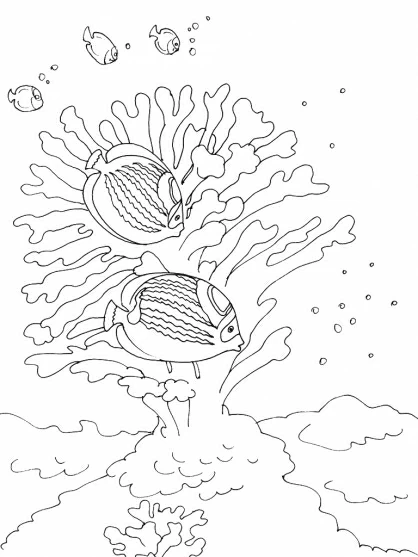 Coral reef with fish swimming among the branches coloring page