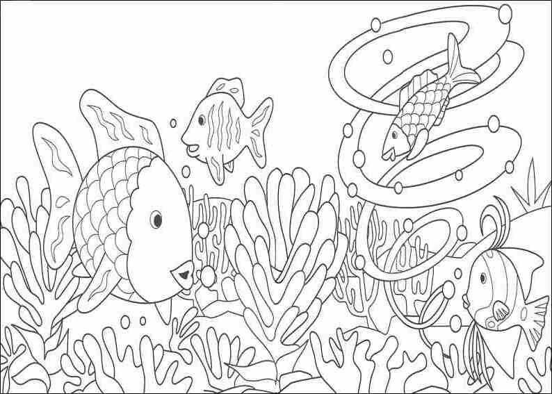 Fish swimming around a coral reef coloring page
