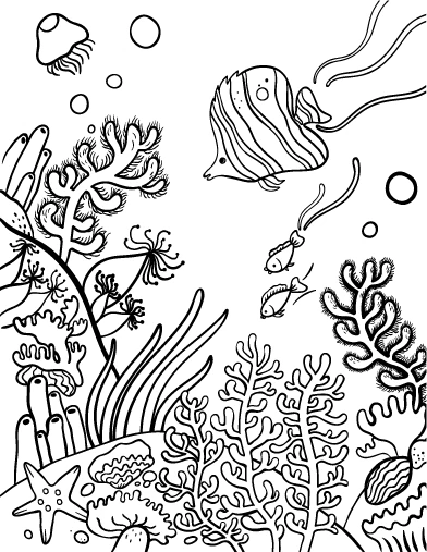 Coral reef with fish and jellyfish coloring page