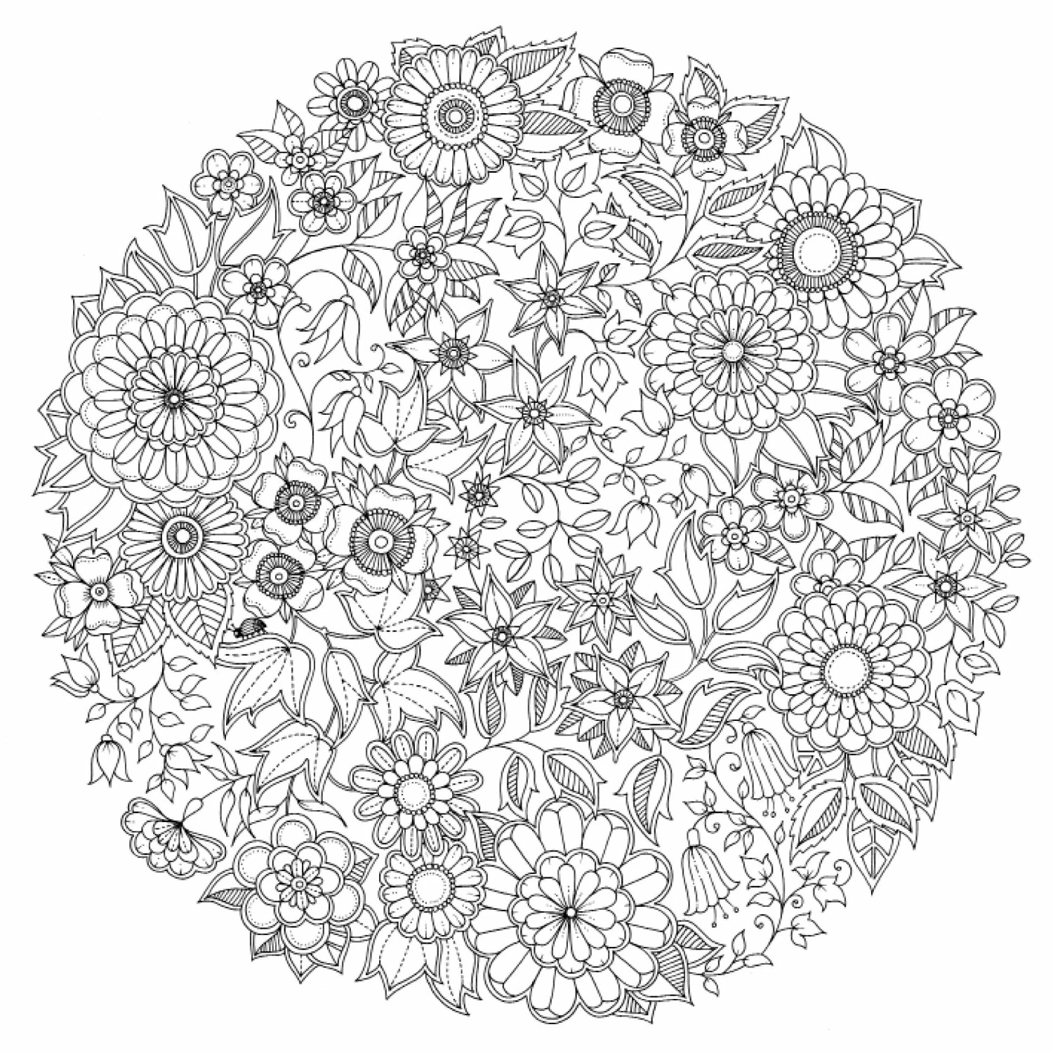 Flower mandala with dense floral pattern coloring page