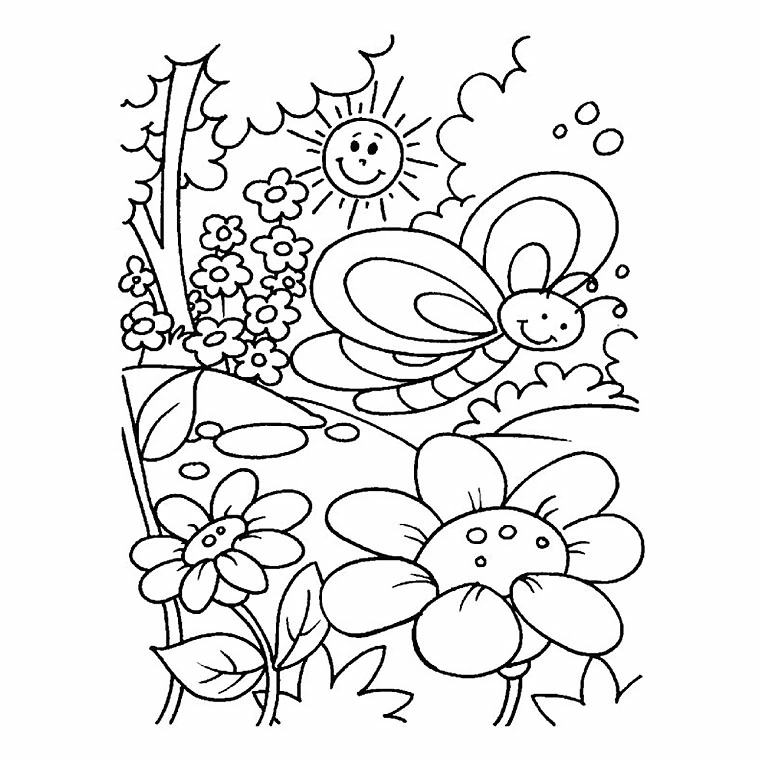 Butterfly and flowers under a smiling sun coloring page Butterfly and flowers under a smiling sun coloring page