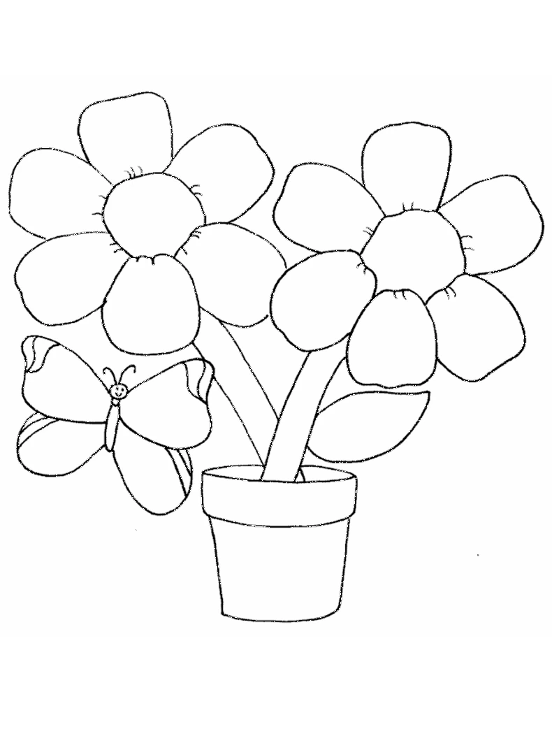 Flowers in a pot with a butterfly coloring page