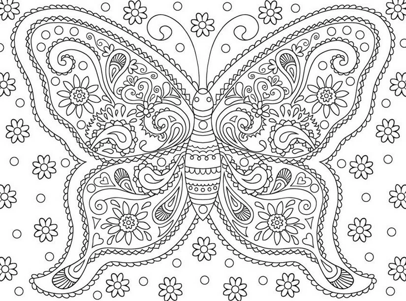 Ornate butterfly with floral patterns coloring page