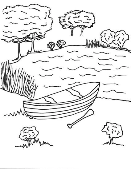 Canoe resting on the shore of a lake coloring page