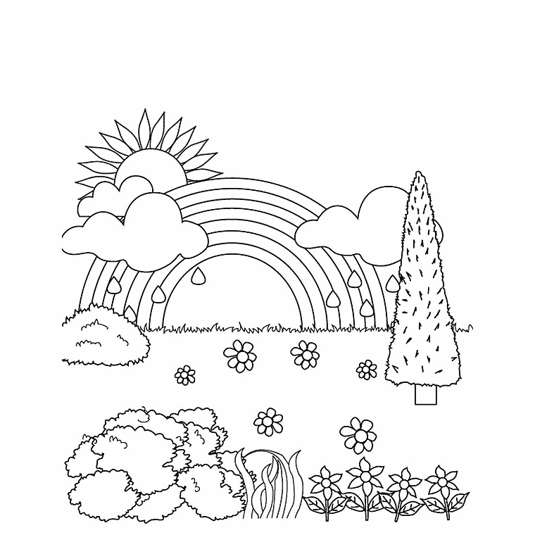 Rainbow with sun after the rain coloring page