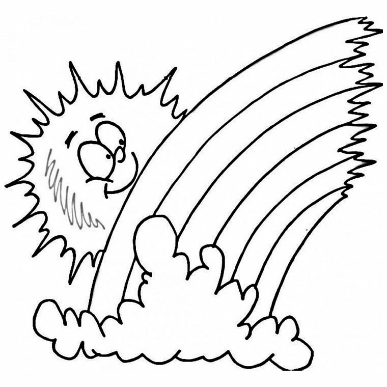 Smiling sun peeking behind a rainbow coloring page Smiling sun peeking behind a rainbow coloring page