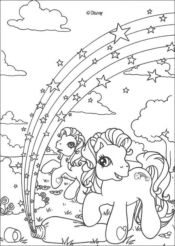 Two little ponies under a starry rainbow coloring page