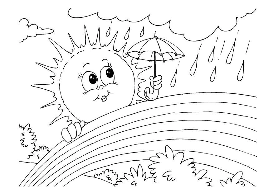 Sun holding umbrella above a rainbow coloring page Sun holding umbrella above a rainbow coloring page