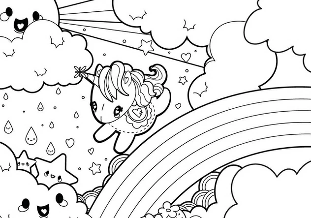 Rainbow with a kawaii unicorn and clouds coloring page