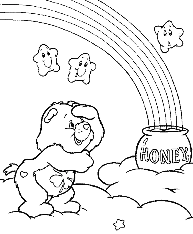 Care Bear looking at a rainbow with a honey pot coloring page Care Bear looking at a rainbow with a honey pot coloring page