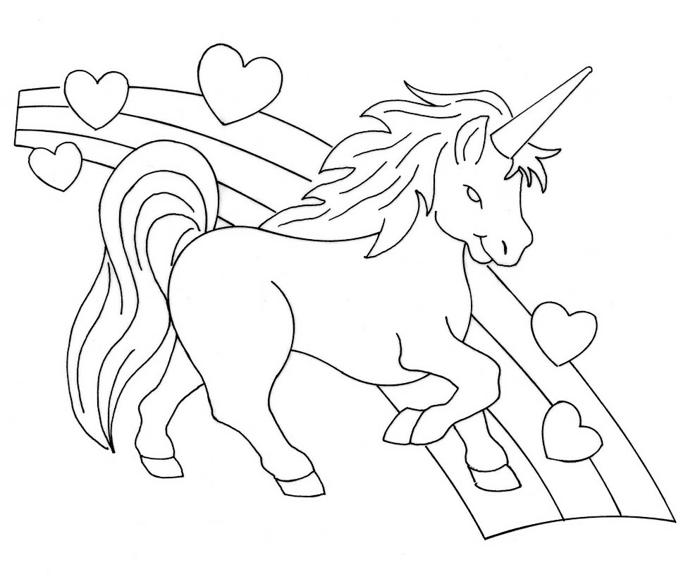 Unicorn galloping over a rainbow with hearts coloring page
