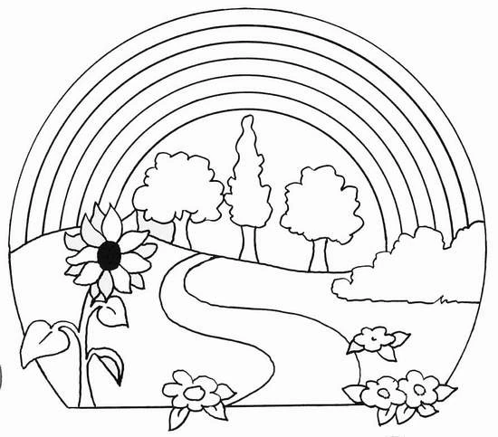 Rainbow over a countryside path coloring page Rainbow over a countryside path coloring page
