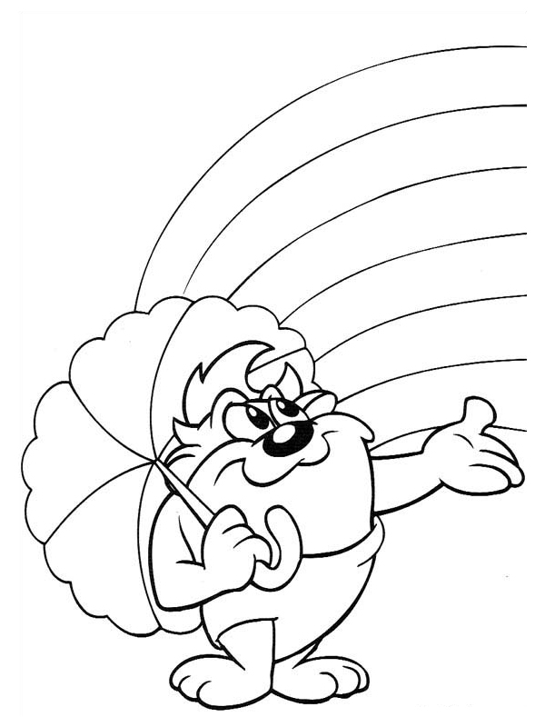 Taz holding an umbrella under a rainbow coloring page