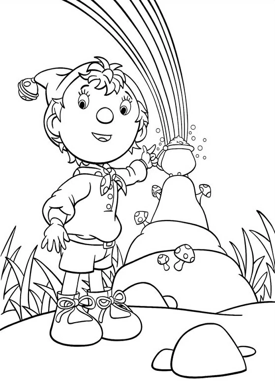 Noddy holding a pot near a rainbow coloring page Noddy holding a pot near a rainbow coloring page