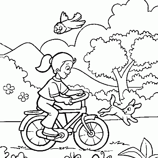 Girl riding a bike with her dog and a bird coloring page