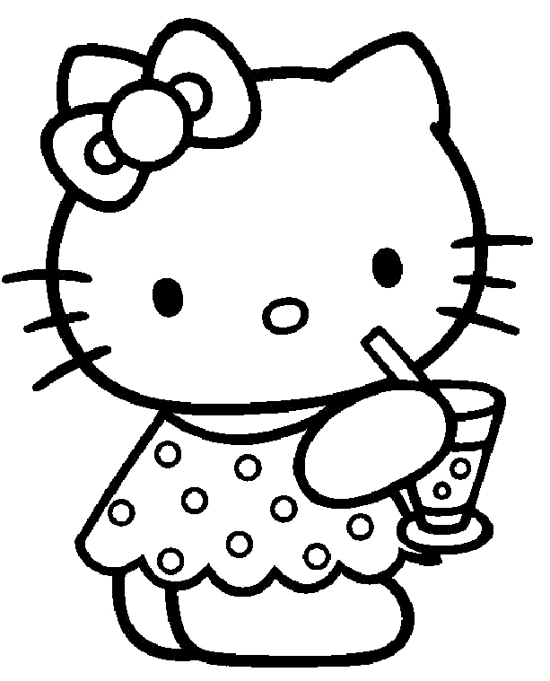 Hello Kitty drinking a summer beverage coloring page