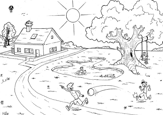 Sunny day in the countryside with children playing coloring page