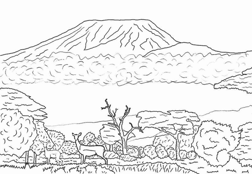 Volcano towering over an African savanna coloring page