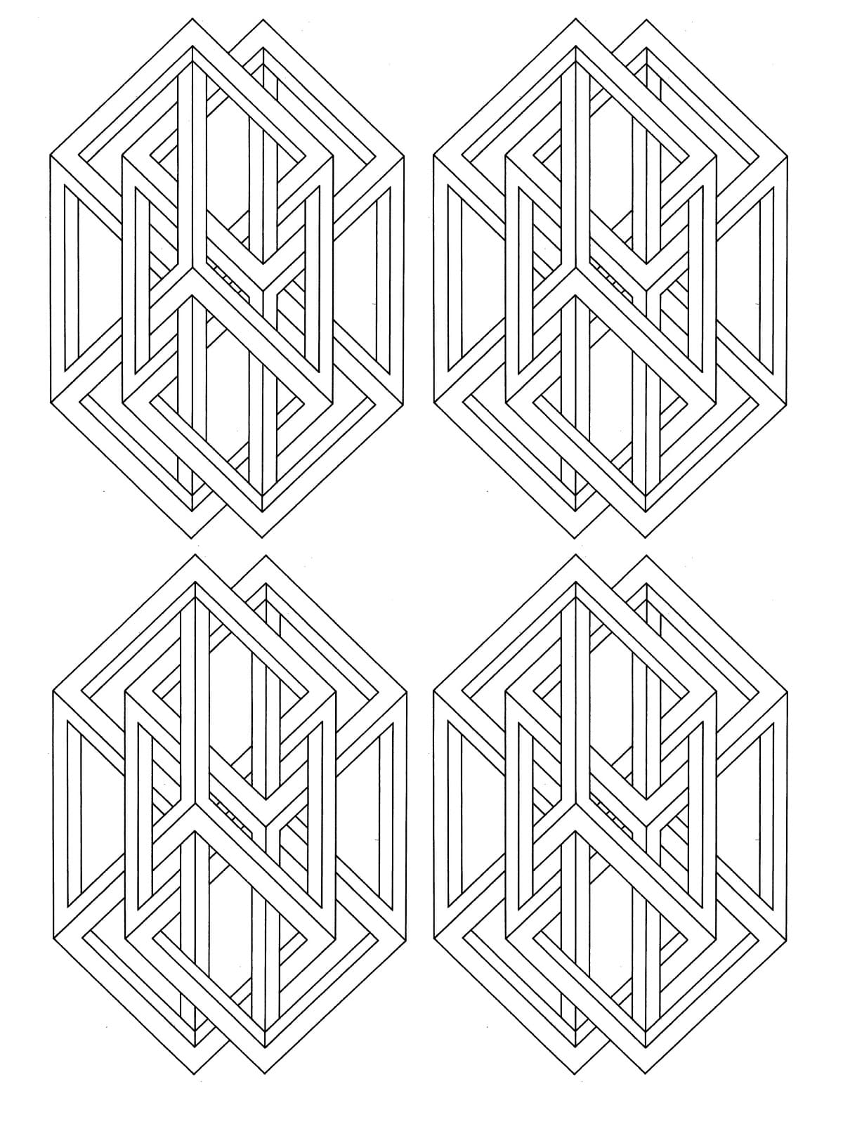 Four impossible geometric hexagon shapes coloring page