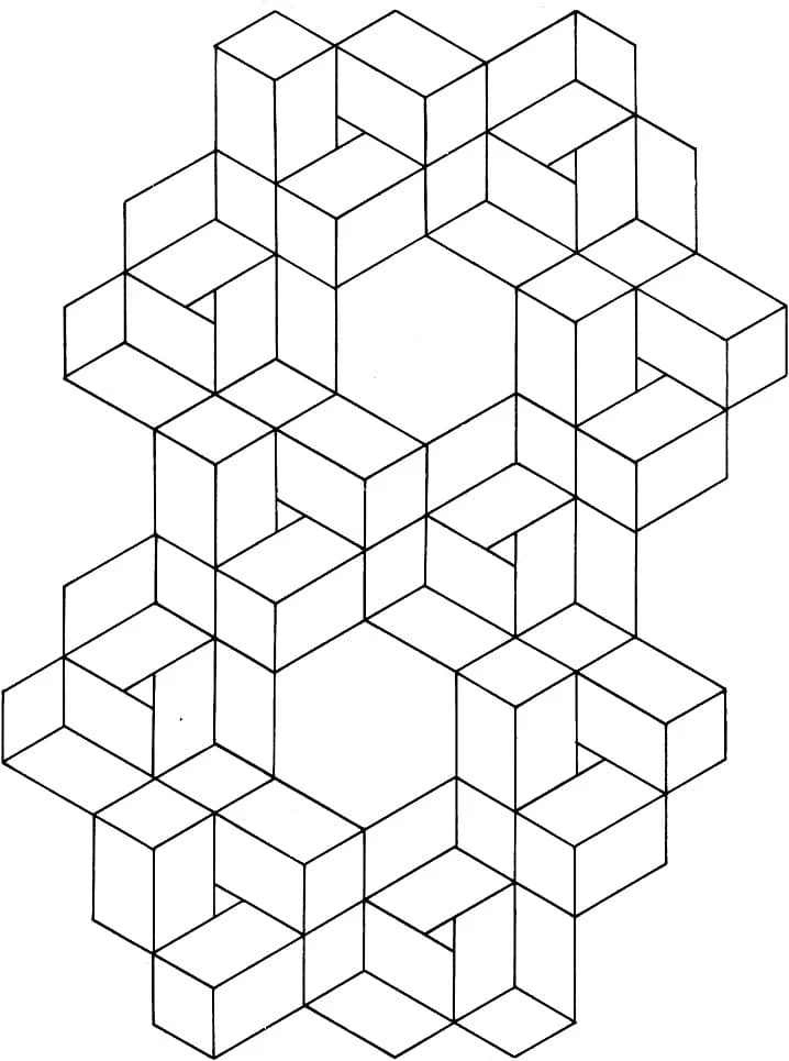 Optical illusion made of interlocking cubes coloring page