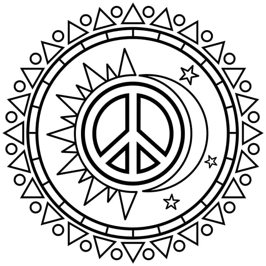 Peace symbol with sun, moon and stars coloring page