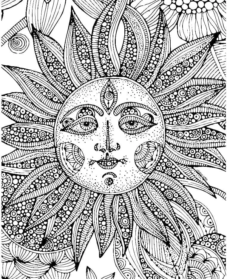 Psychedelic sun with a face and patterned rays coloring page