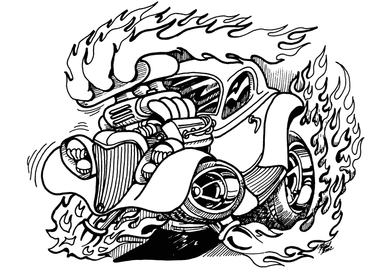 Hot rod car with flames and exposed engine coloring page