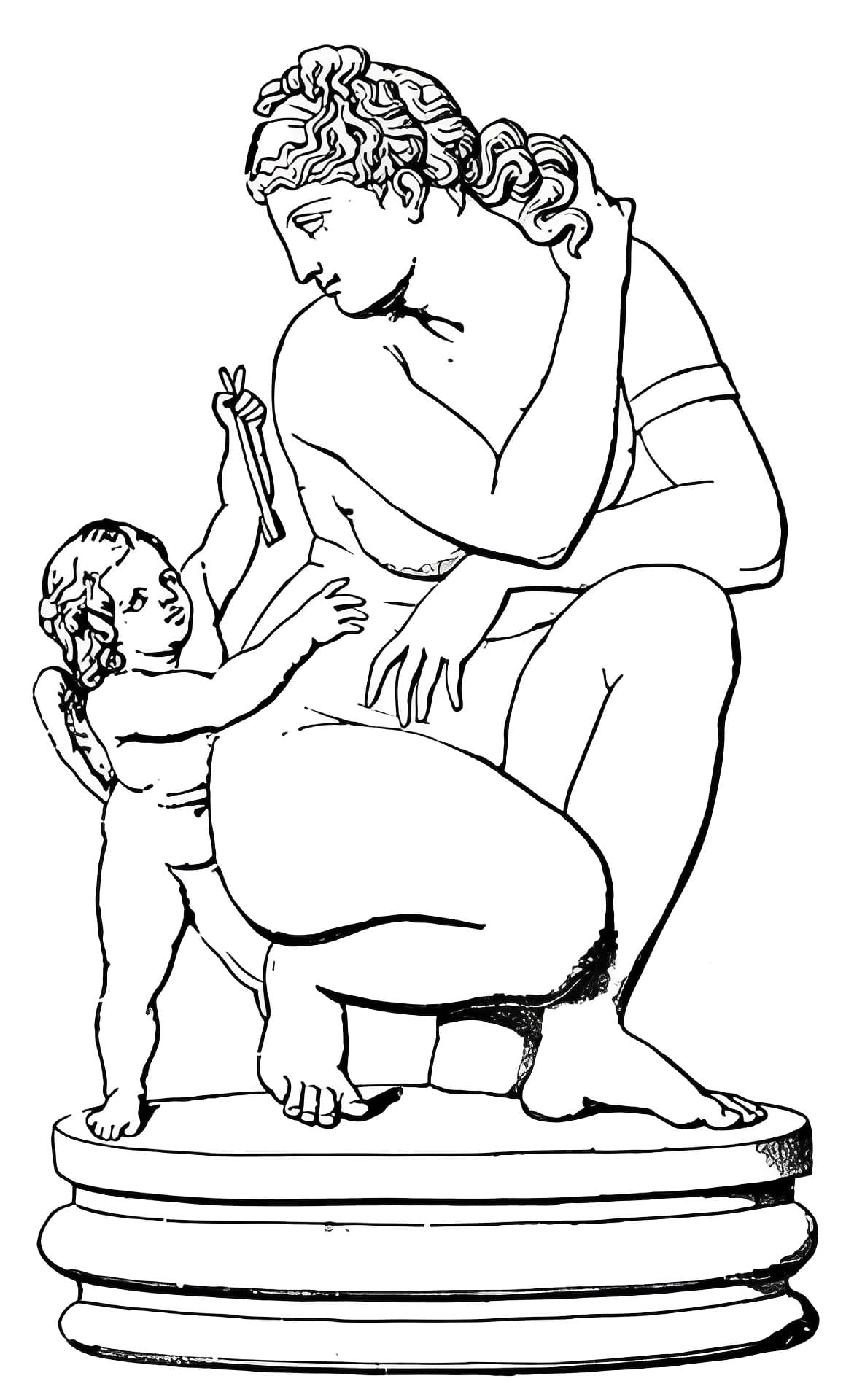 Aphrodite crouching with a small winged Cupid coloring page