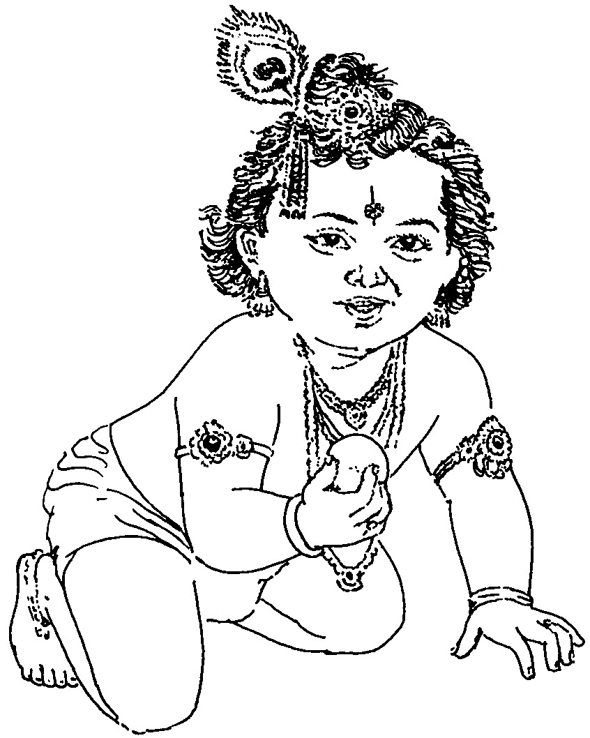 Krishna as a crawling baby holding a ball of butter coloring page Krishna as a crawling baby holding a ball of butter coloring page