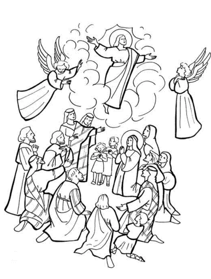 Jesus ascending to heaven with angels and apostles coloring page