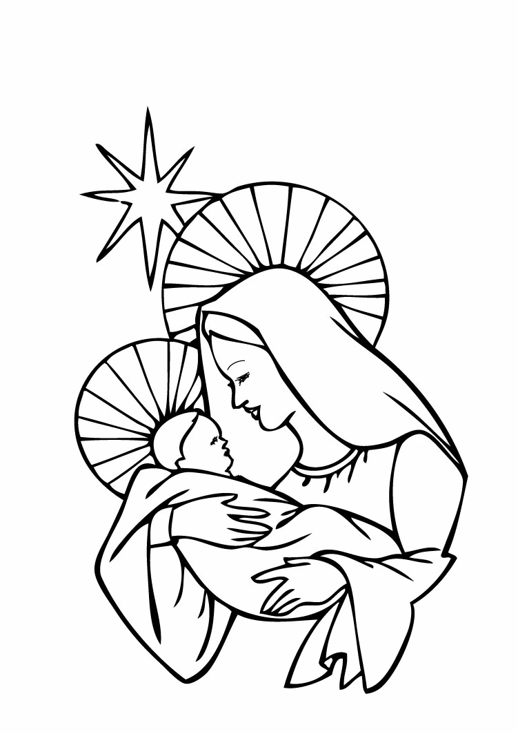 Mary holding baby Jesus coloring page