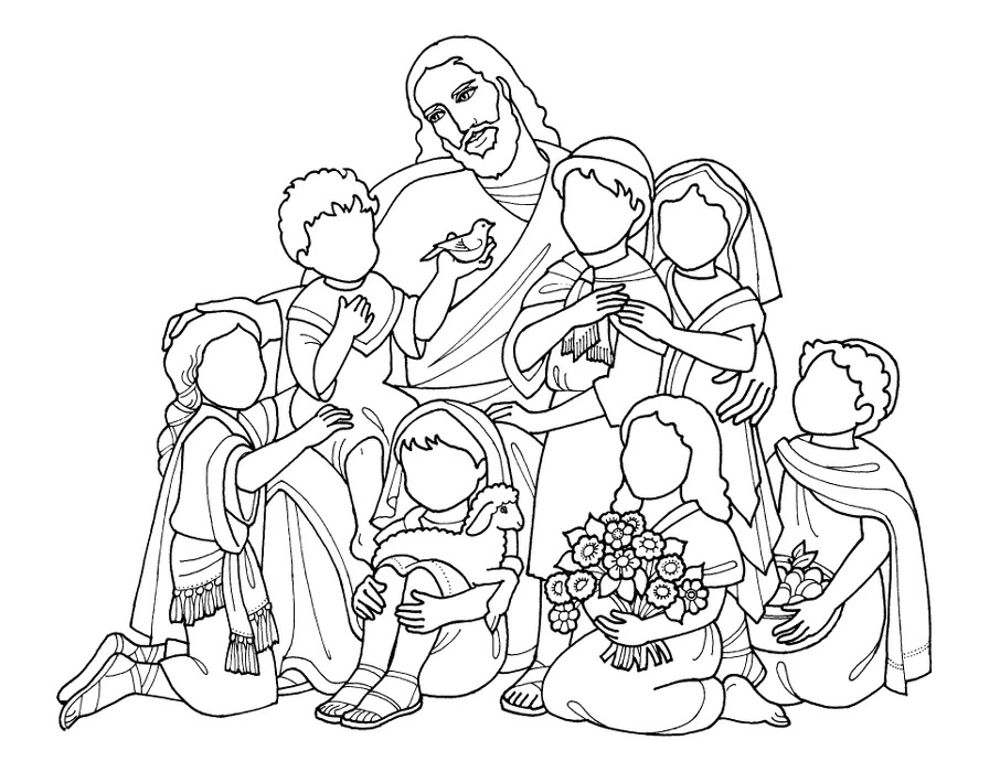 Jesus with bird and seven kneeling children coloring page