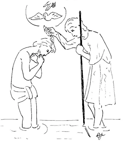 Staff-holding baptizer under haloed dove coloring page