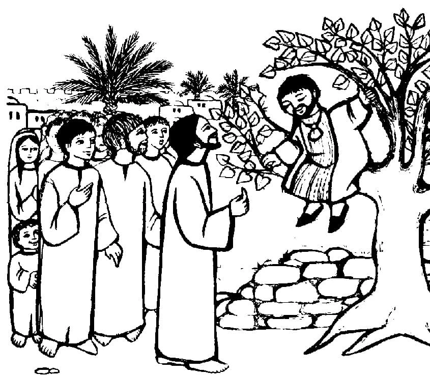 Zacchaeus in the tree talking to Jesus coloring page