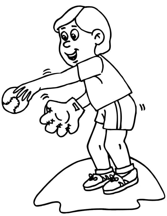 Boy playing baseball with glove and ball coloring page