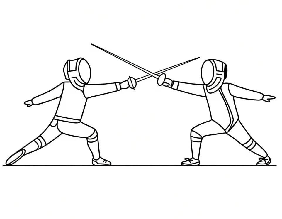 Two fencers in combat stance coloring page Two fencers in combat stance coloring page