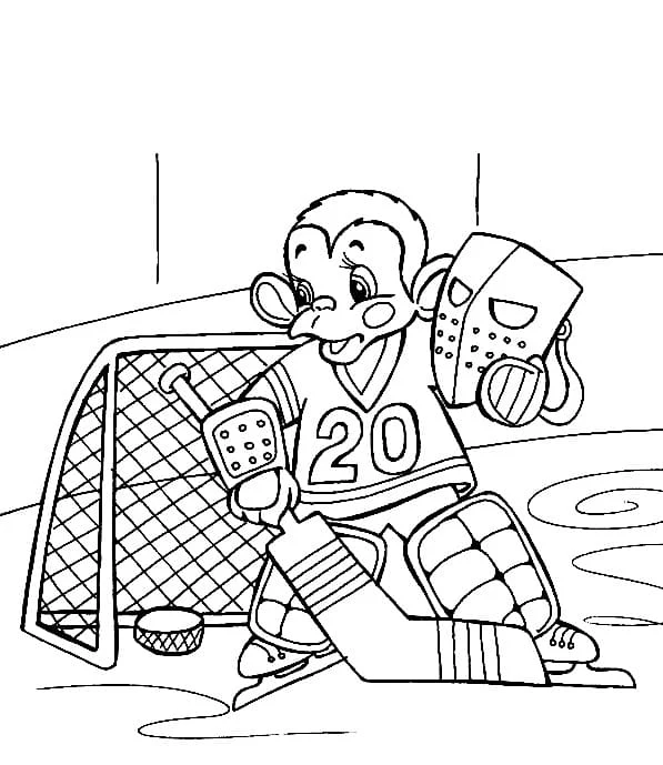 Monkey playing hockey as goalie coloring page