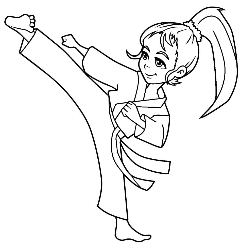 Karate girl performing a high kick coloring page