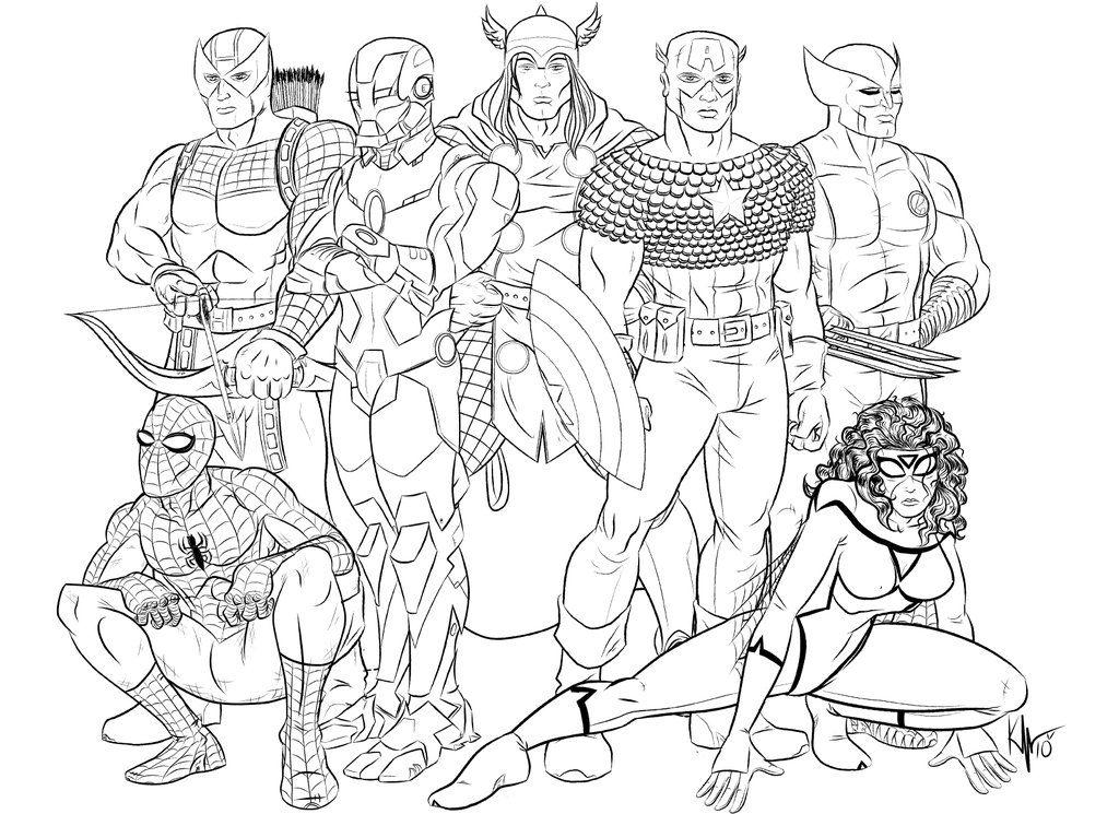 Avengers group standing together coloring page