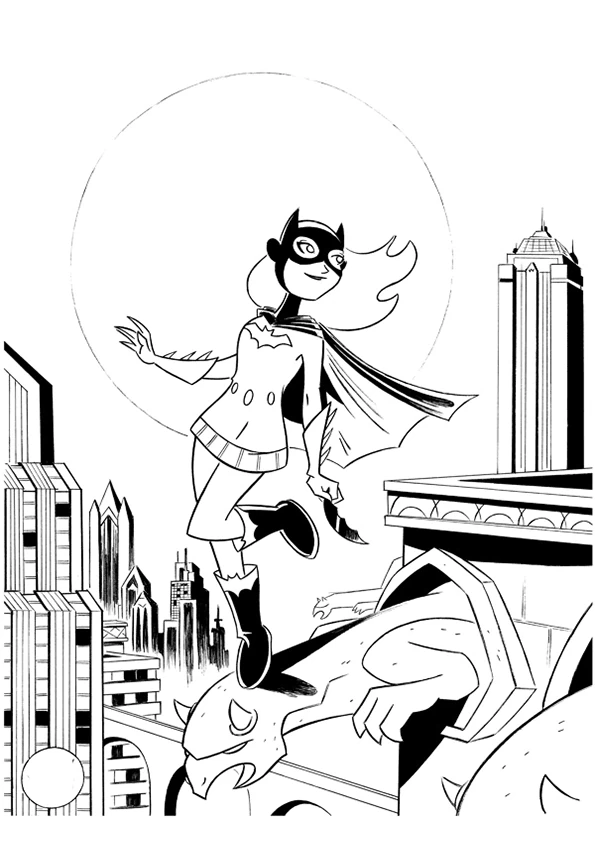 Batgirl leaping over city rooftops coloring page