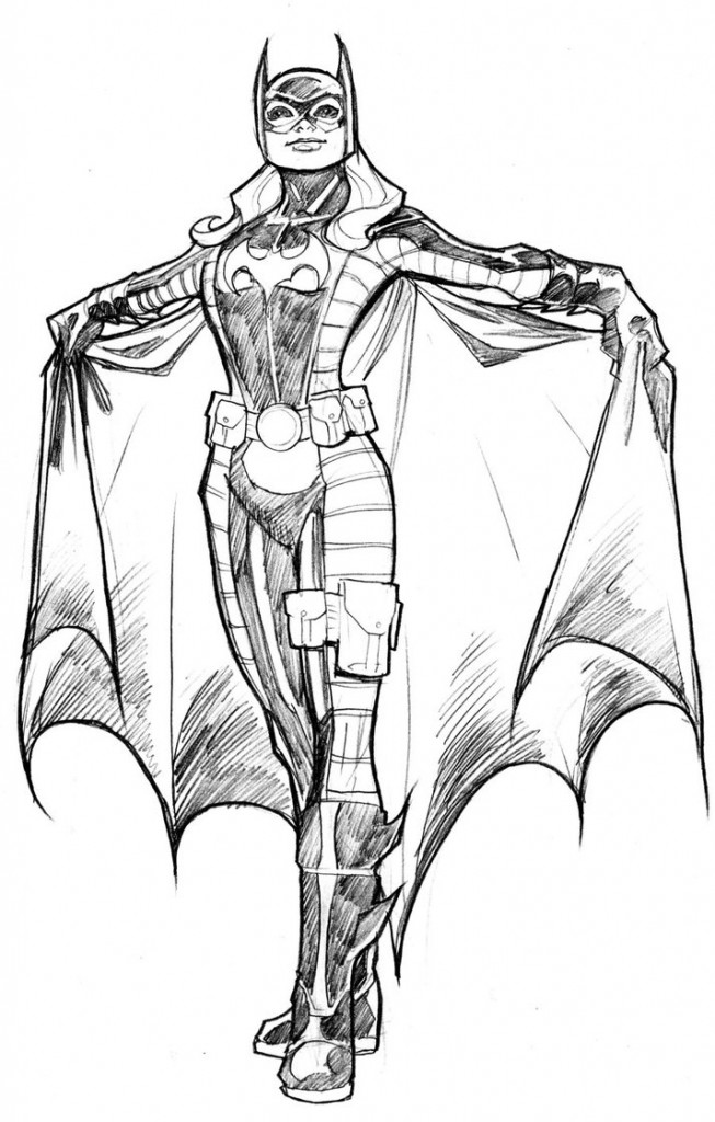 Batgirl standing with cape spread wide coloring page