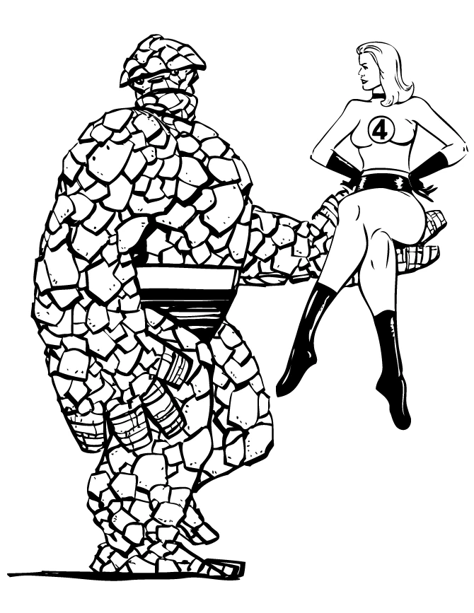 The Thing and Invisible Woman facing each other coloring page