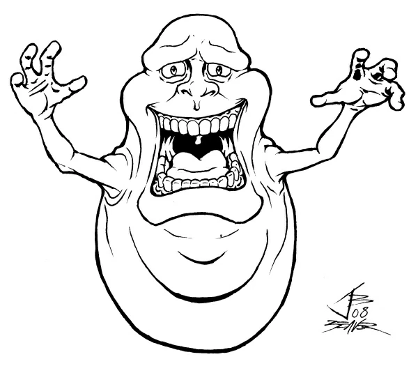 Slimer with arms raised and mouth wide open coloring page