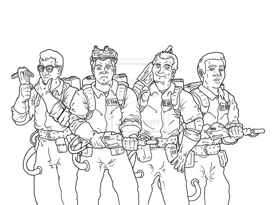 Ghostbusters team standing with proton packs coloring page