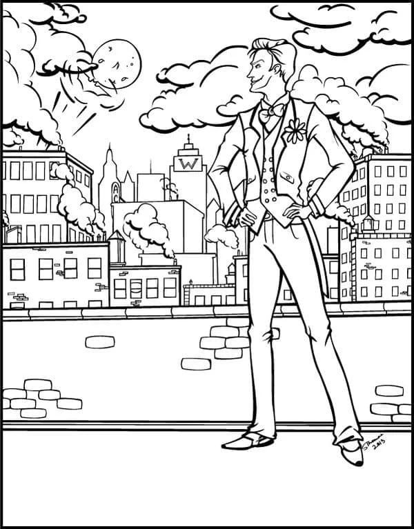 Joker standing over the city coloring page