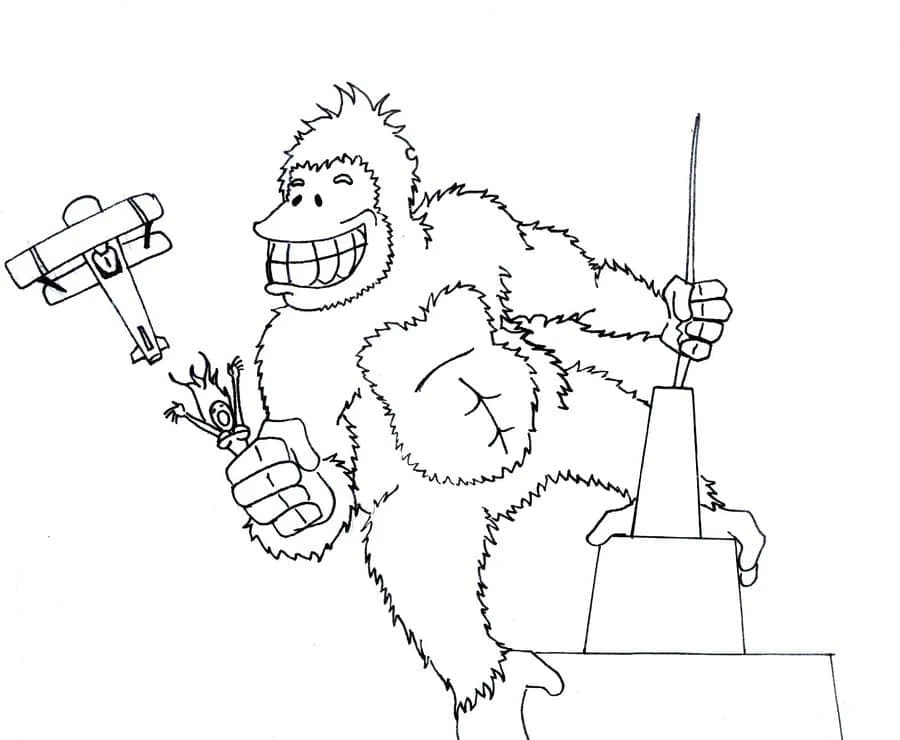 King Kong on top of a building fighting a plane coloring page