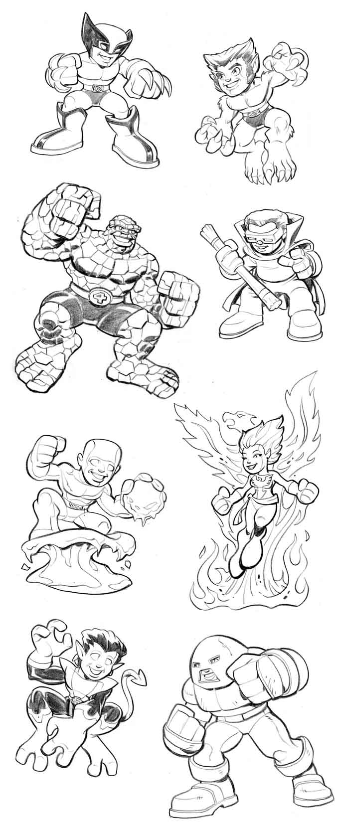 Wolverine and superhero squad in action poses coloring page