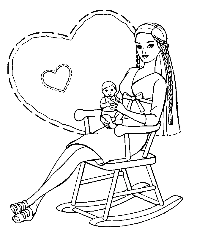 Barbie rocking a baby in a chair coloring page
