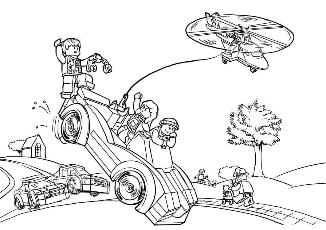 LEGO City rescue scene with truck and helicopter coloring page