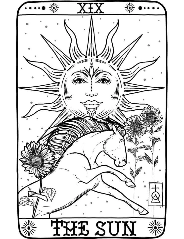 The Sun tarot card with horse and sunflowers coloring page The Sun tarot card with horse and sunflowers coloring page